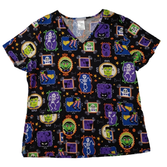Scrubs Tops - SCRUBS Brand Halloween Print Black Scrub Top Skeleton Witches Ghosts Size Large